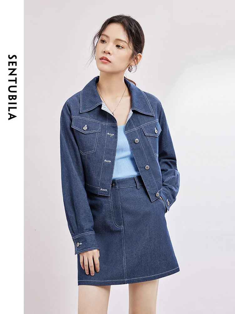 SENTUBILA Hong Kong Style Denim Set Lapel Cropped Jacket Aline Mini Skirt Spring Casual Womens Jean Suit W41Z53840 240627