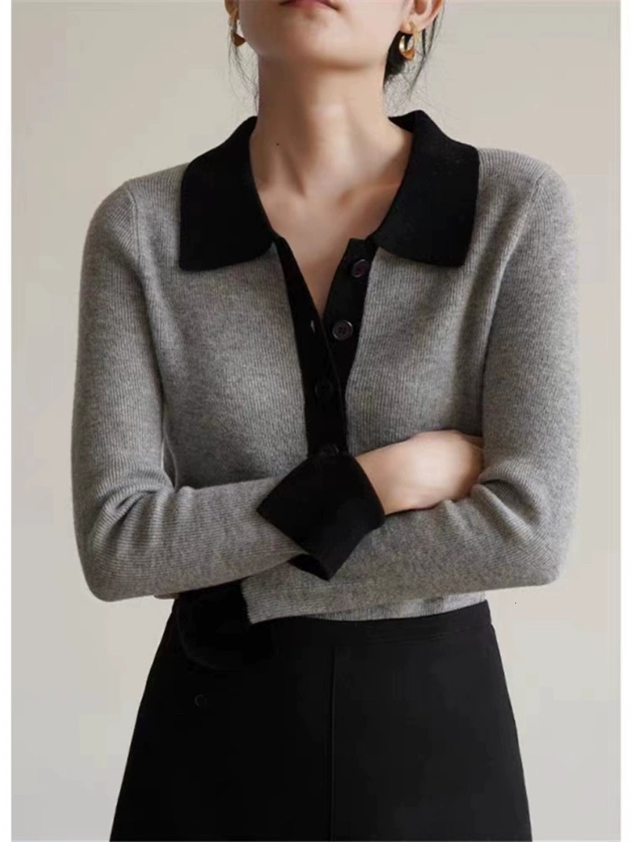 Temperament slim cashmere women's POLO collar top fall new gray lapel knit bottom color sweaterF6.28#42.8