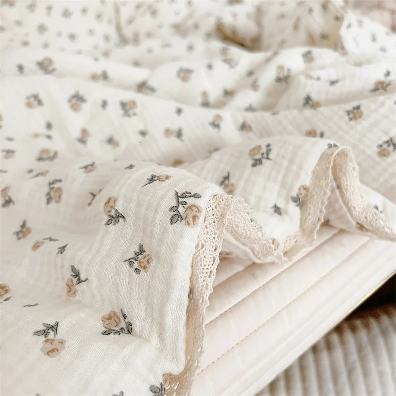 Cotton Muslin Quilted Vintage Toddler Floral Blanket Rose 120x150cm 240627