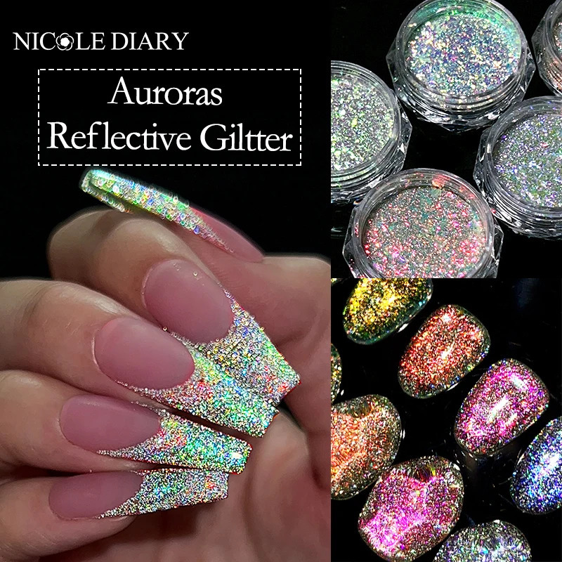 NICOLE DIARY Reflective Glitter Nail Powder Sequins Sparkly Flash Crystal Pigment Dip Chrome Powder Nails DIY Dust Nail Supplies 240627