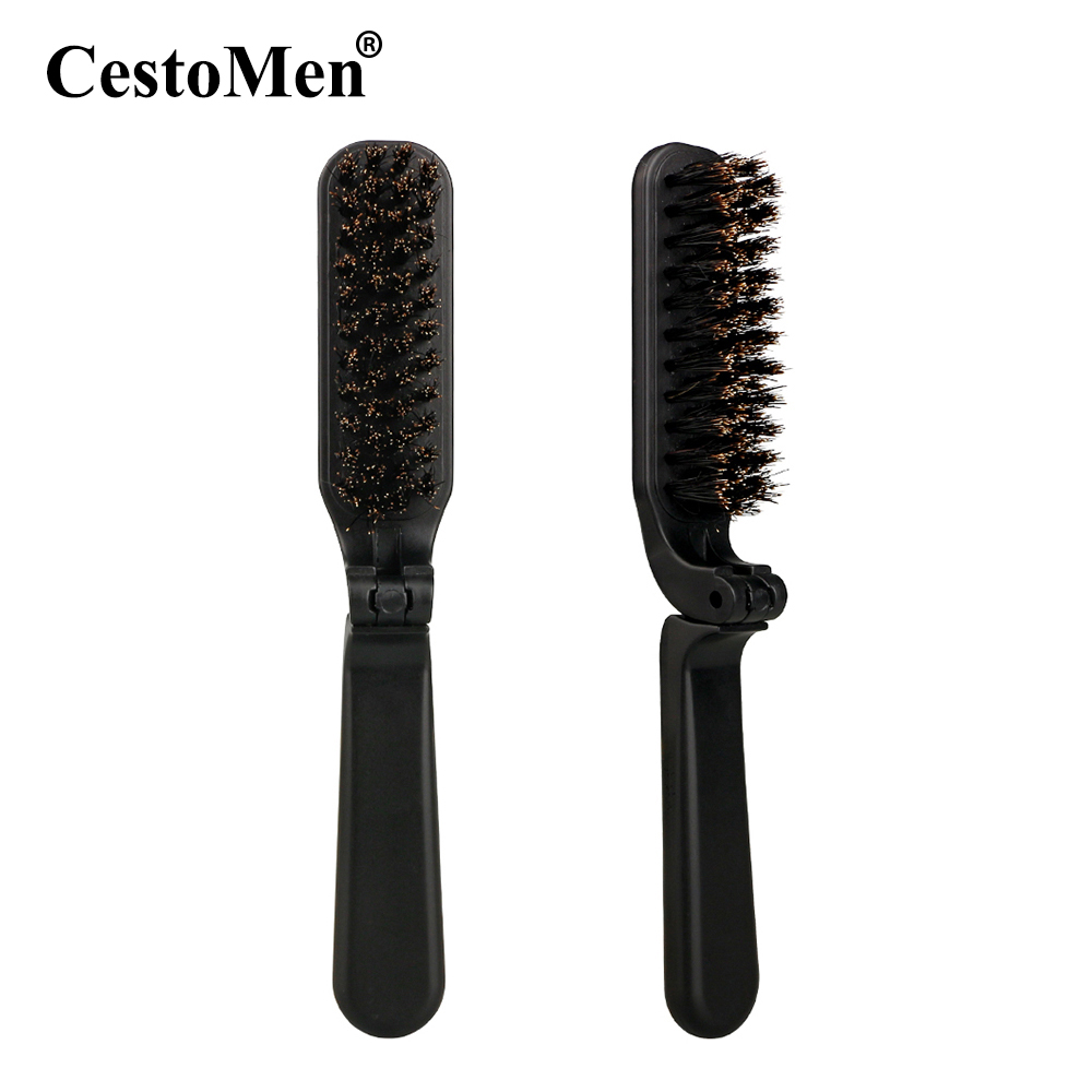 CestoMen Boar Bristle Hair Brush Folding Handle Beard Comb Portable Mustache Styling Tool For Men