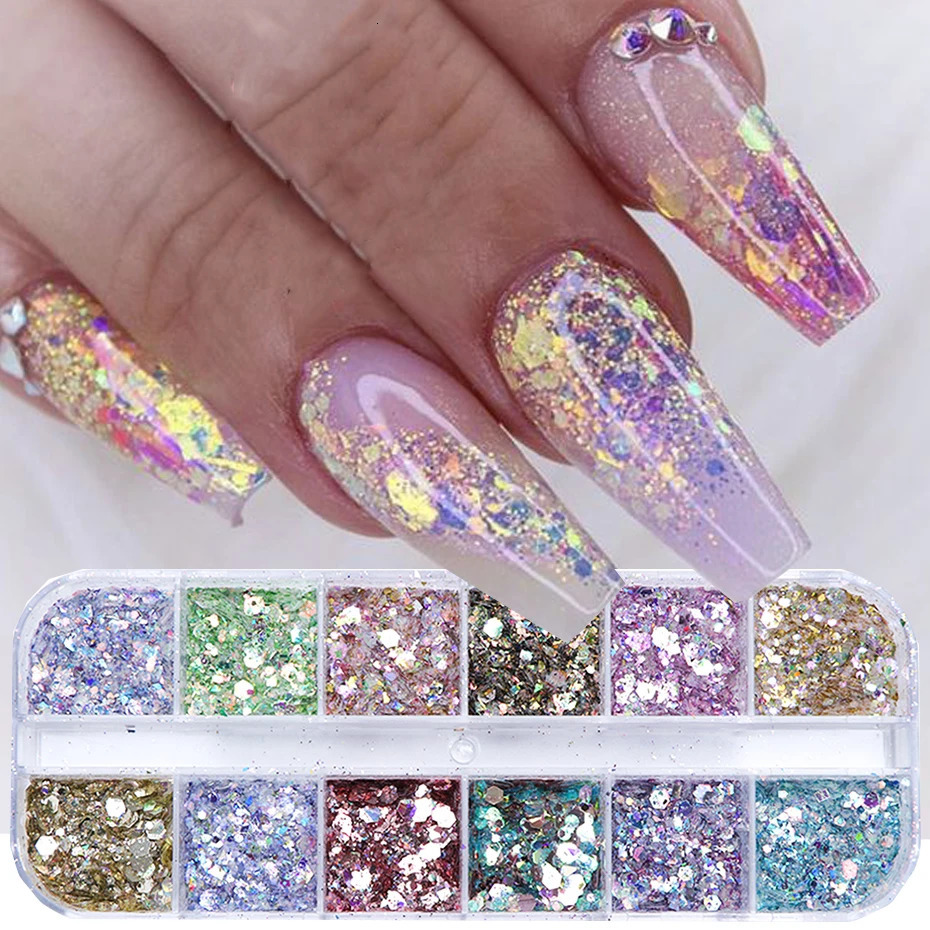 Mirror Iridescent Mixed Hexagon Nail Glitter Sequins Holographic Spangles Flakes Nail Art Powder Gel Polish Manicure Accessories 240627