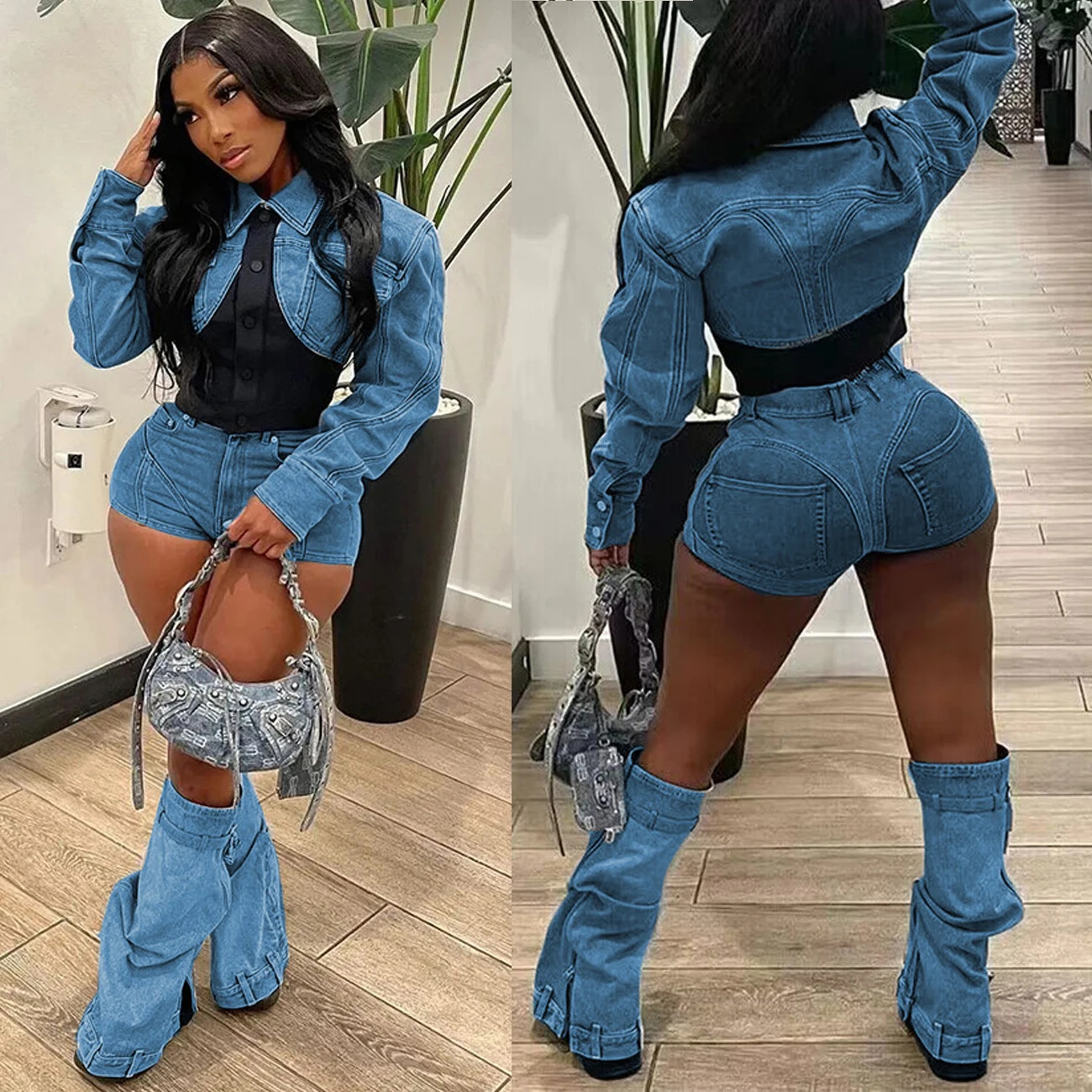 Sexy Denim Jean 2 Piece Matching Pant Set Outfits Summer Women Clothes Y2K Biker Shorts Suits Sets Cropped Tops Tracksuit 240627