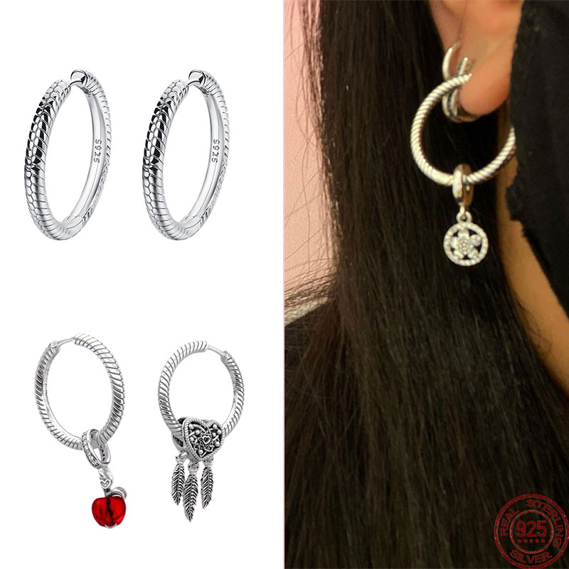 100% 925 Sterling Silver Pendiente Hoop Charm Earrings For Women Earrings Fit Original Charms Earrings Fine Jewelry Joyas Gift