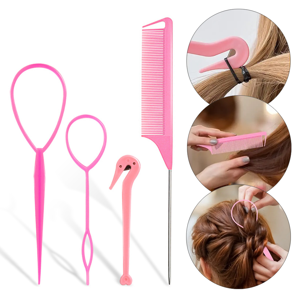 4Pcs/Set French Braiding Tool Loop Make Hairstyles Elastic Hair Bands Remover Cutter Rat Tail Comb Hair Pin Disk Styling Tools