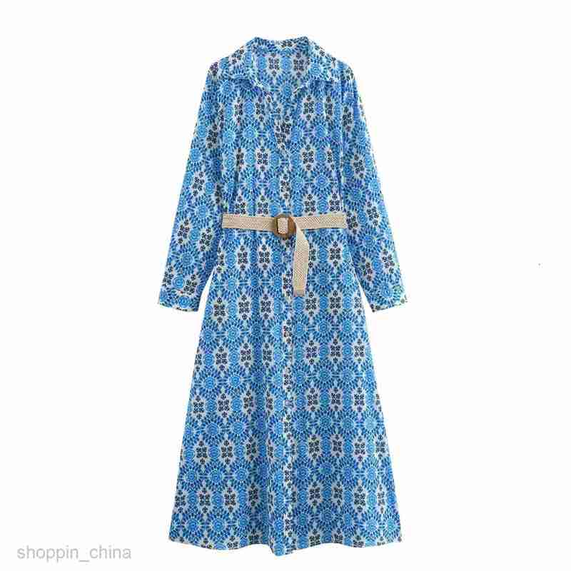 Basic Casual Women Dresses Summer Women's Vacation Style with Belt, Long sleeved Lapel, Printed Dress, Skirt F6471