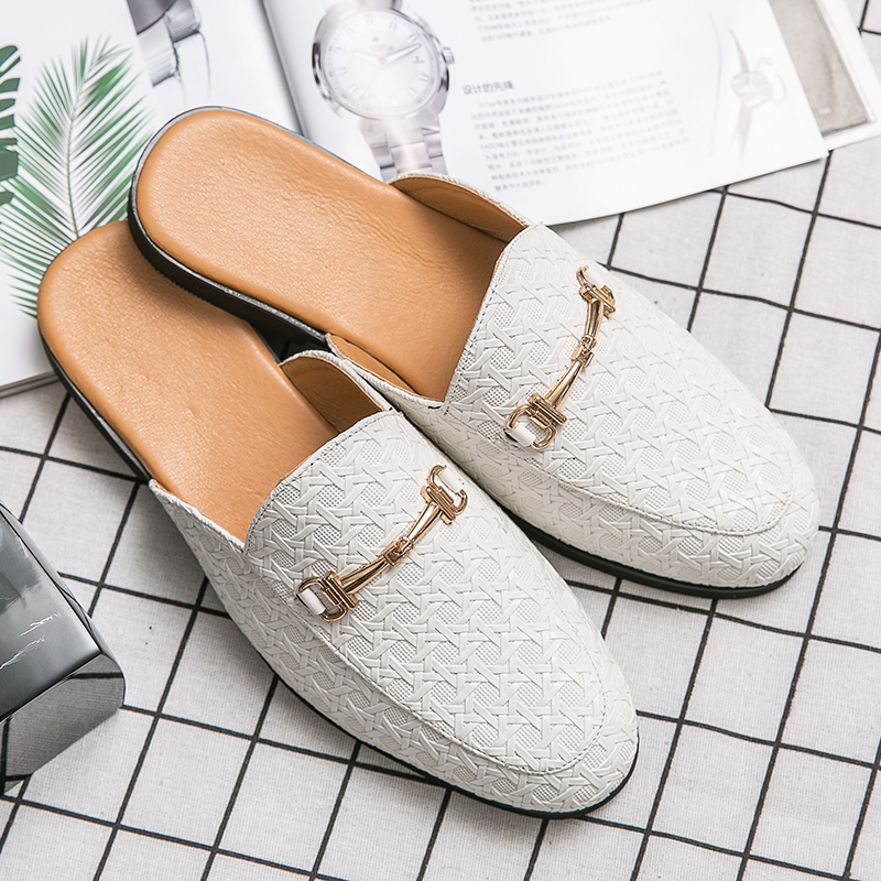 New Brand Designer Mens Half Drag Shoes For Men Casual Leather Loafers Fashion Half Shoes Mules Man White Slides Slippers Male