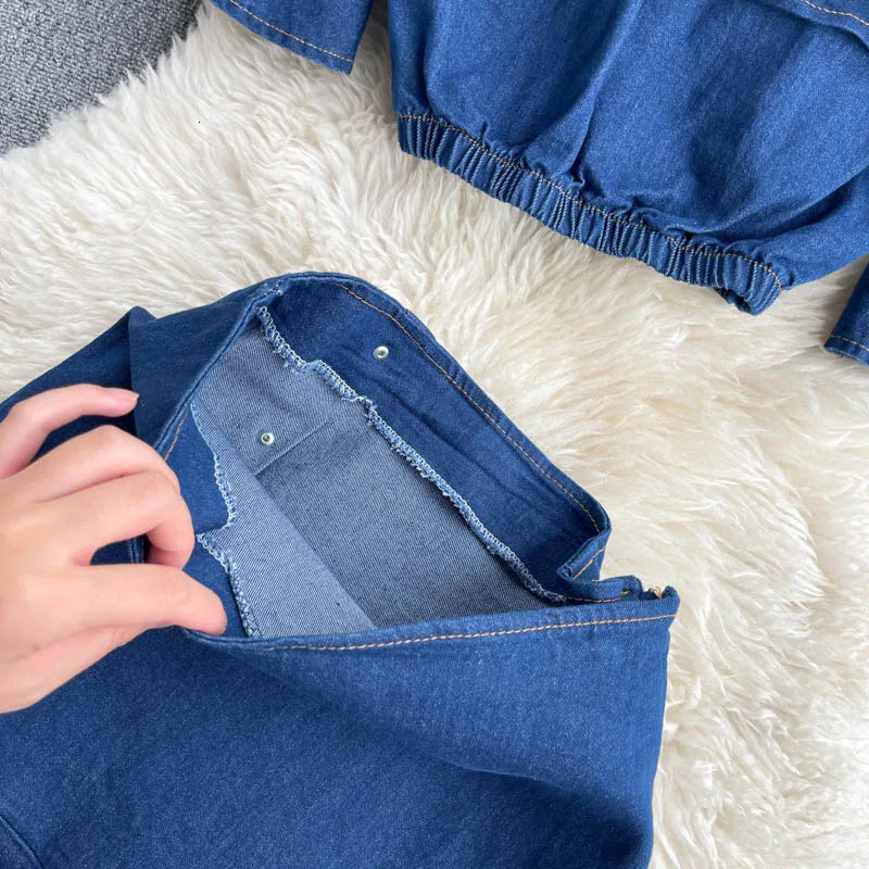 Women Jean Sets Matching Suits Woman Ruffles Buttons Tops Mini Skirt Two Piece Set Slash Neck Flare Sleeve Female Clothing 240627