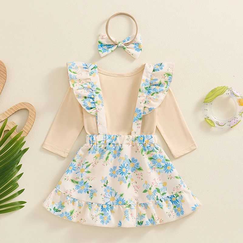 Pajamas 2024-05-30 Lioraitiin Baby Girl Ski Set Long sleeved Alphabet Printed Union Flower Suspension Ski Bow Headband Autumn Set WX5.31