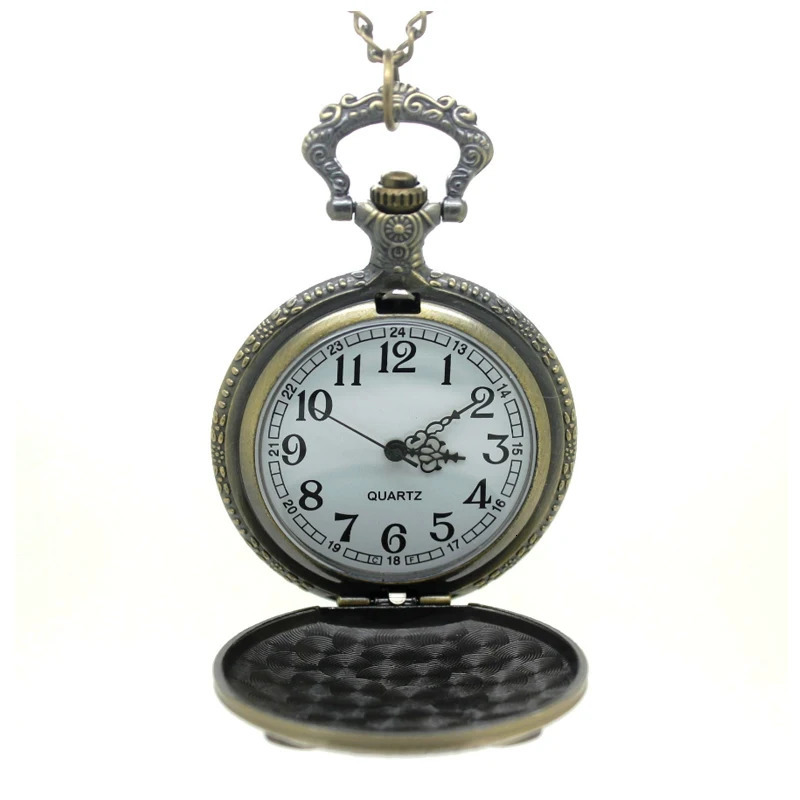 100412pcs/lot Bronze Railroad Steam Train Head Quartz Pocket Watch RIB Necklace FOB Chain 240626