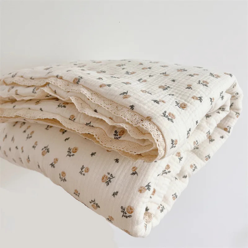 Cotton Muslin Quilted Vintage Toddler Floral Blanket Rose 120x150cm 240627