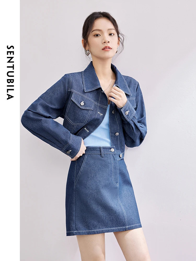SENTUBILA Hong Kong Style Denim Set Lapel Cropped Jacket Aline Mini Skirt Spring Casual Womens Jean Suit W41Z53840 240627