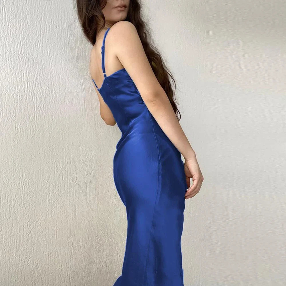 Tight Satin Long Dress Summer Low Cut Spaghetti Strap Sexy Evening Party Dresses Women Backless Bodycon Maxi Vestidos 240627