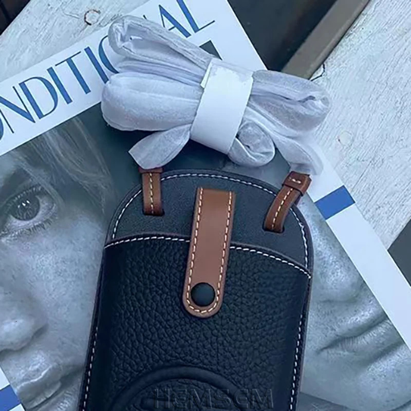 HEMSEM Contrast colors denim leather 2-card slot bag with adjustable shoulder strap 7-inch phone accessories letter handbag 240626