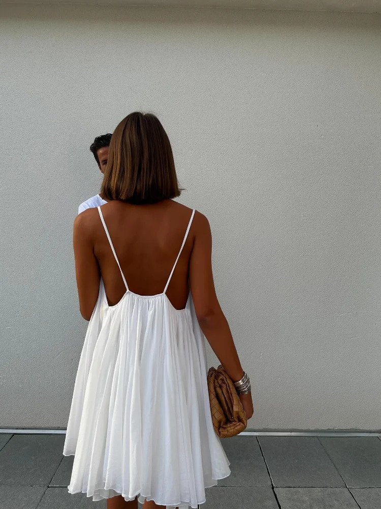 Women Puff Pleated Hem Sexy Backless Mini Dress Elegant Vneck Sleeveless Aline Short Dresses Lady Party Evening Robe 240627