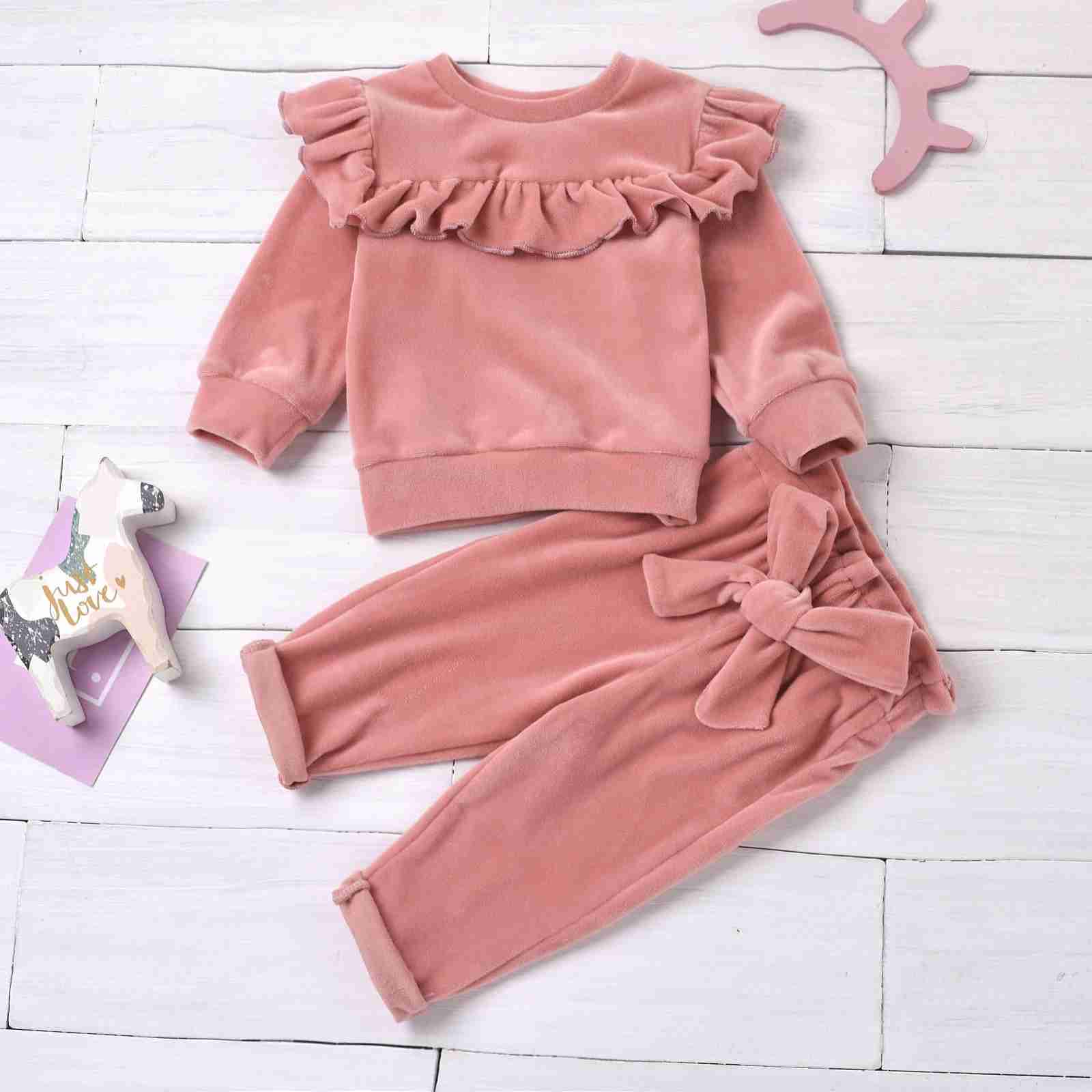 Pajamas 2PC Solid Pink Flight Sleeves for Boys and Girls in Autumn and Winter Season Solid Trousers with Bow WX5.31