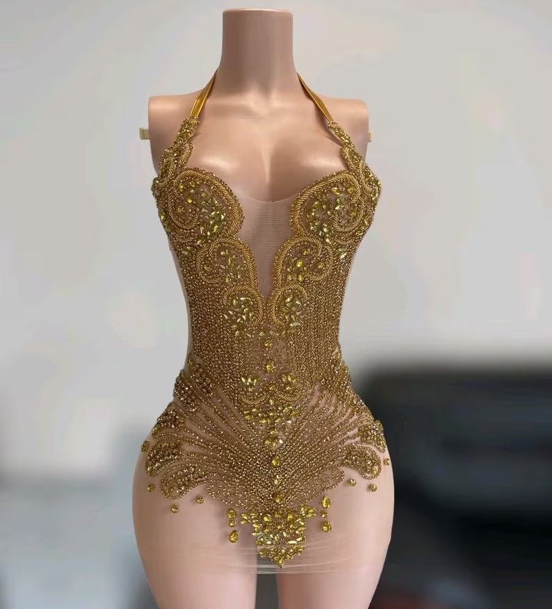 Halter Gold Short Prom Dresses For Black Girls Luxury See Through African American Cocktail Dresses Birthday Party Homecoming Gowns
