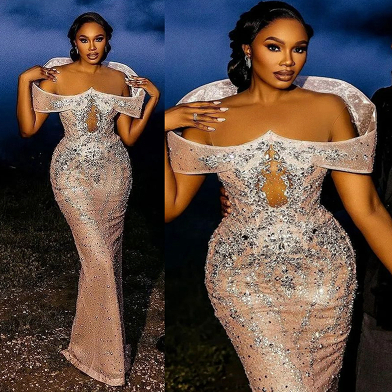 2024 Champagne Prom Dress Mermaid Promdress Evening Formal Gowns Portrait Sequined Lace Beaded Rhinestones Decorated Sheer Neck Illusion Birthday Dres
