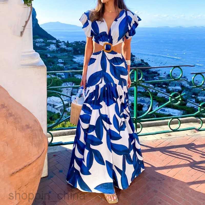 Basic Casual Women Dresses Fashion Women's New Short sleeved Waist Leakage Printed Dress