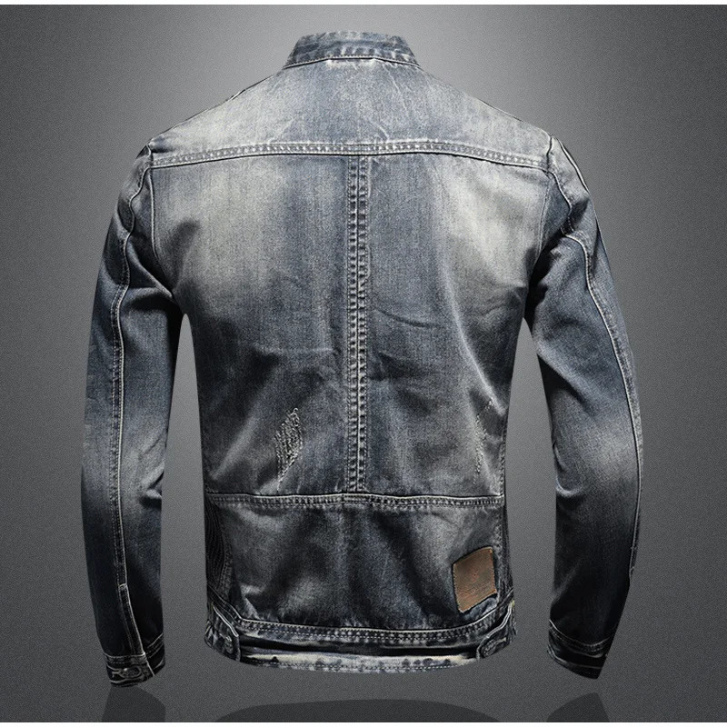American Jeans Jacket Men Oneck Oversized Vintage Moto Denim Casual Men Outwear Autumn Patchwork Zipper High Street Male Coat 240618