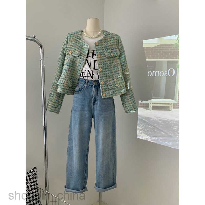 Women Jackets Coats Green checkered small fragrant coat for women's spring and autumn new style elegant lady woven short top