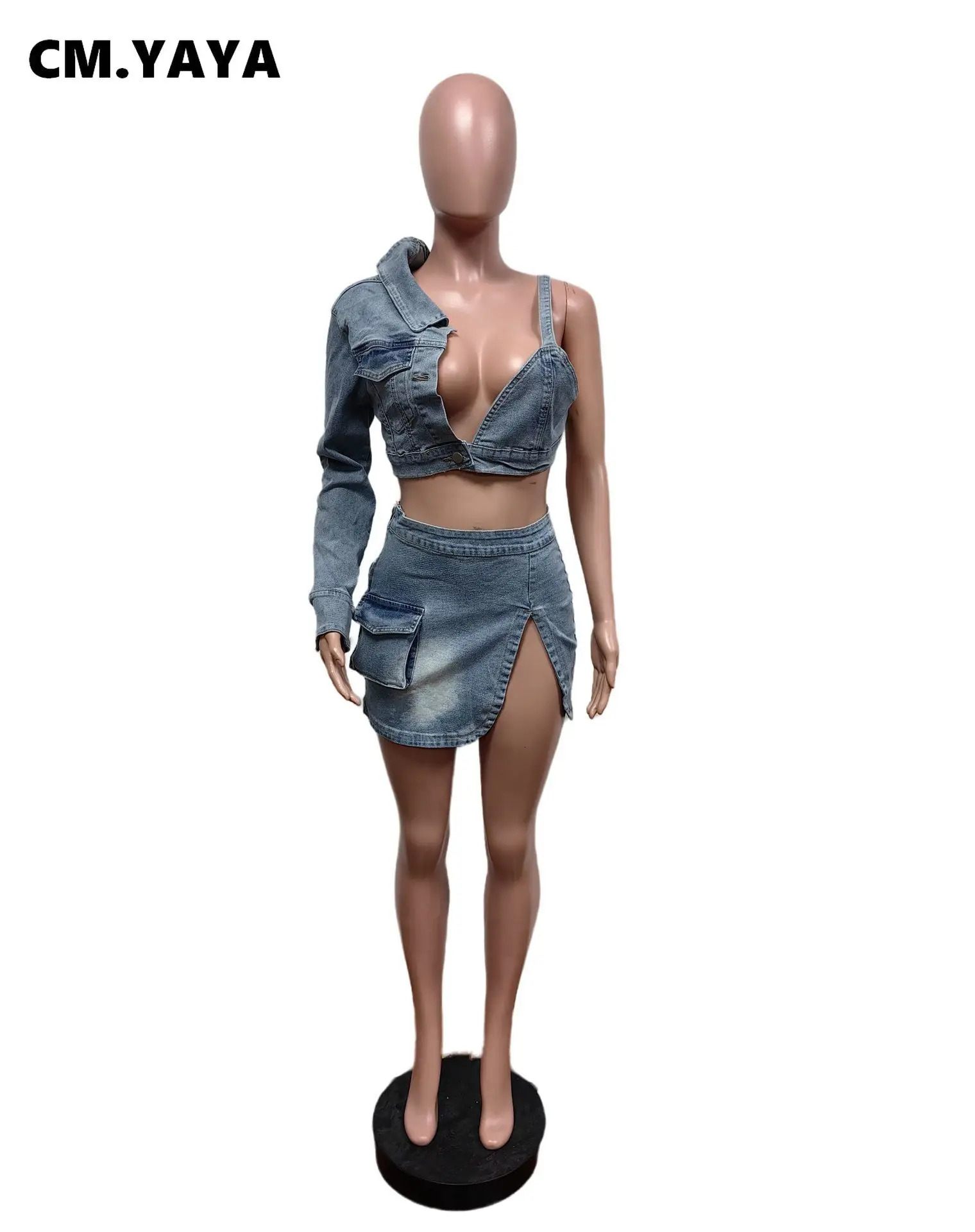 CMYAYA Fashion Denim Womens Set Long One Sleeve Crop Jacket and Side Split Jeans Midi Skirt Chic Two 2 Piece Sets Outfits 240627