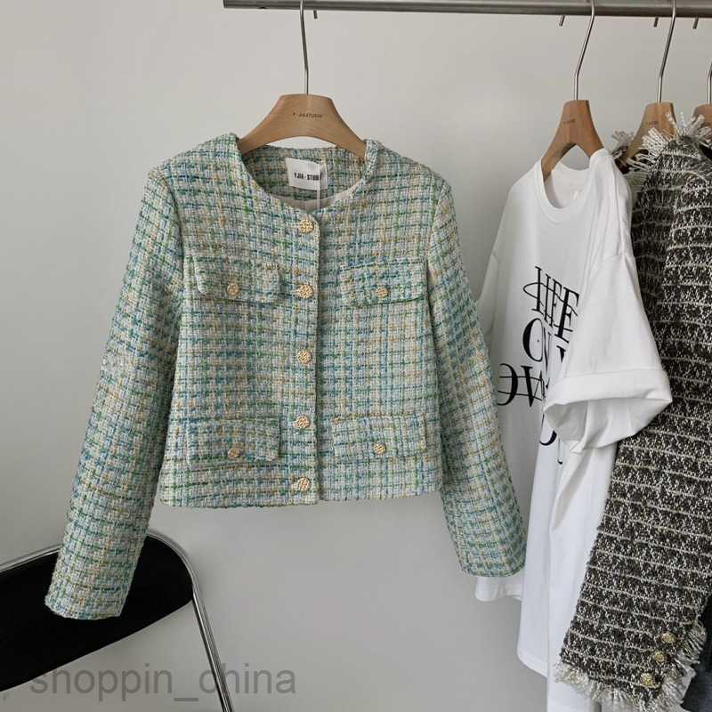 Women Jackets Coats Green checkered small fragrant coat for women's spring and autumn new style elegant lady woven short top