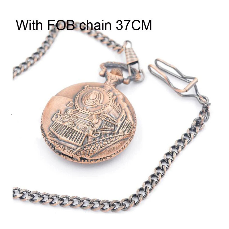 100412pcs/lot Bronze Railroad Steam Train Head Quartz Pocket Watch RIB Necklace FOB Chain 240626