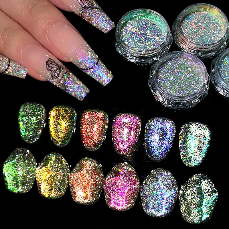 NICOLE DIARY Reflective Glitter Nail Powder Sequins Sparkly Flash Crystal Pigment Dip Chrome Powder Nails DIY Dust Nail Supplies 240627