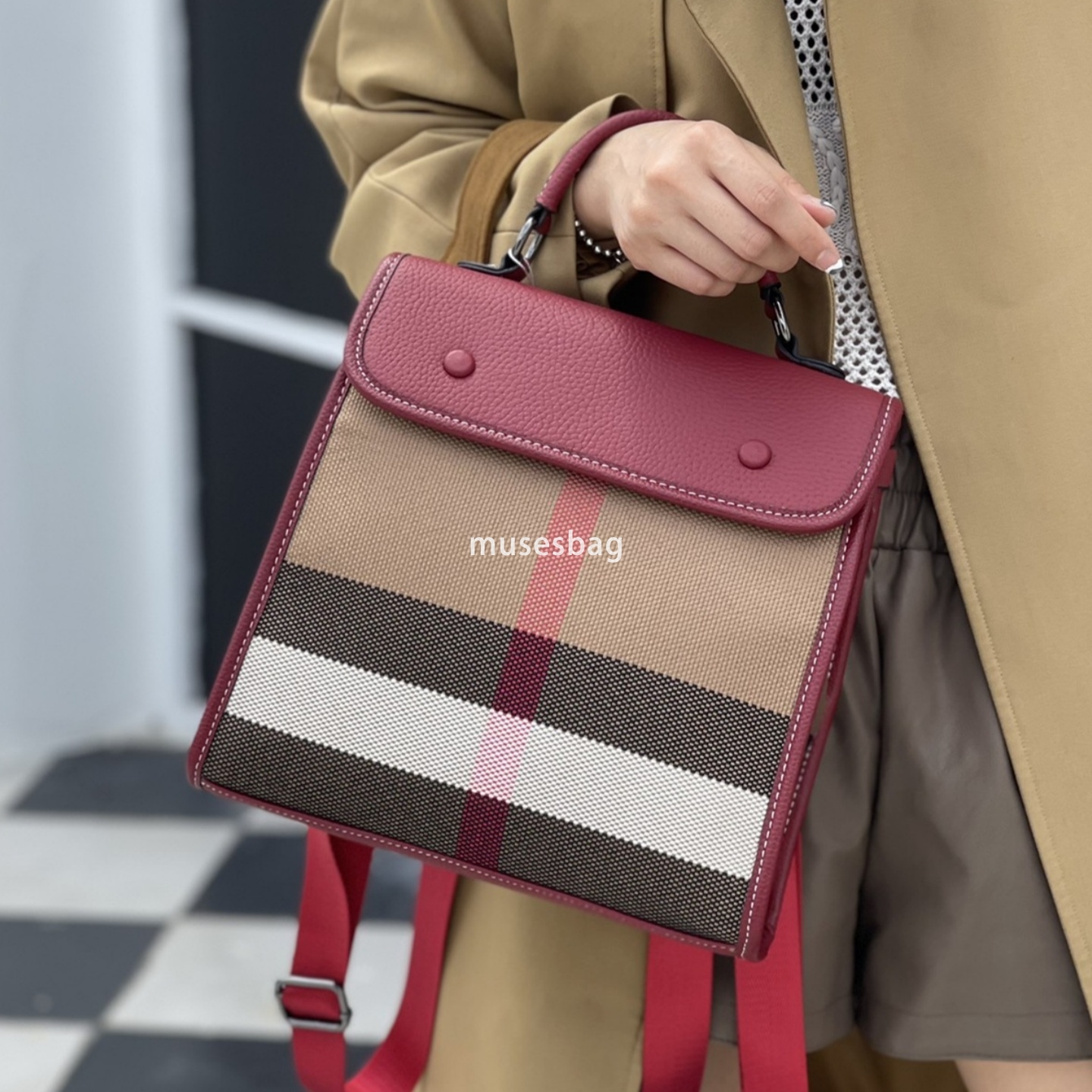New atmospheric and fashionable top layer cowhide plaid color contrasting one shoulder portable versatile backpack for women 93cd 4