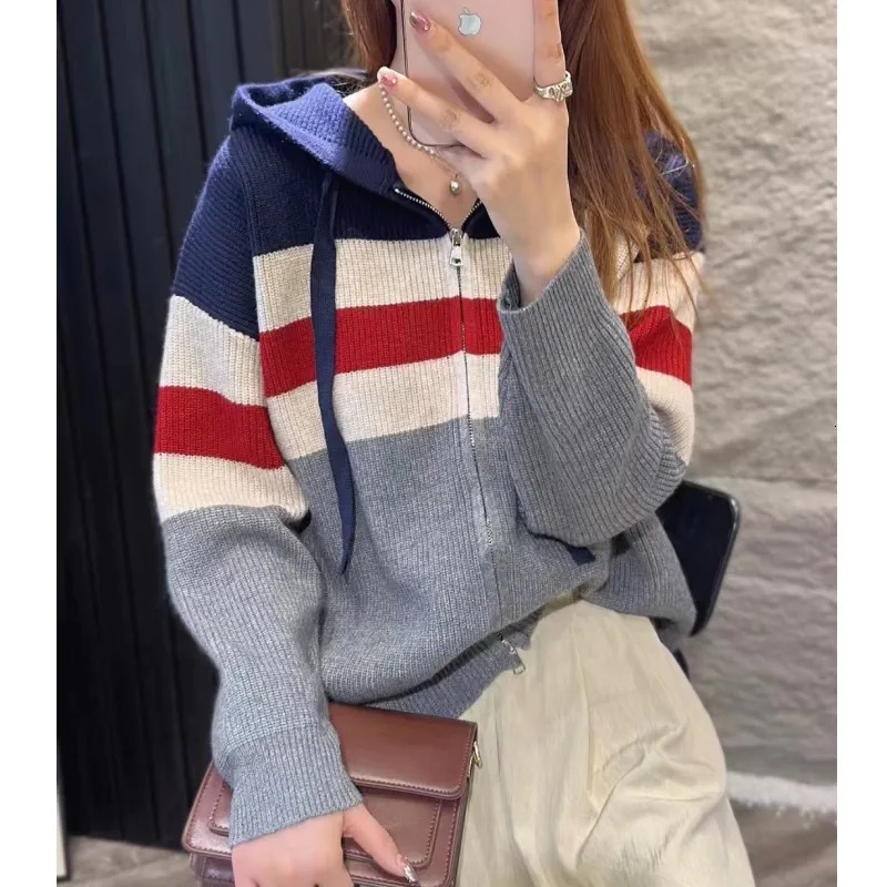 Western style striped double zipper hooded cashmere knit cardigan coat women spring and autumn loose wool hoodie F6.28#97.5