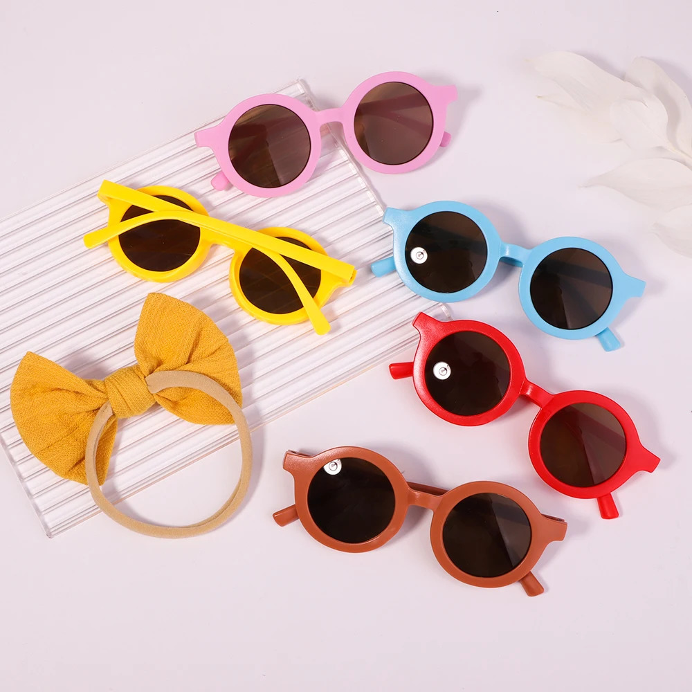 2PcsPack Vintage Kids Summer Bows Headband Round Sunglasses Children Sun Glasses Protection Baby Hair Accessories 240625