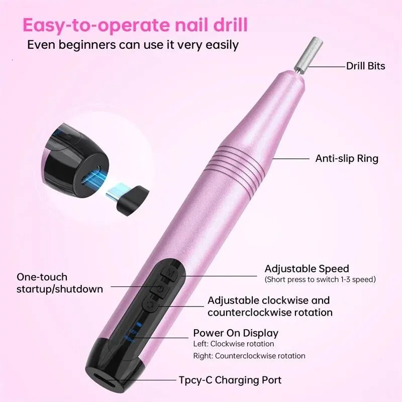 Electric Nail Drill Polish Machine for Acrylic Gel Nails Professional Manicure Pedicure Nail Polish Tools with 6 Nail Drill Bits 240627