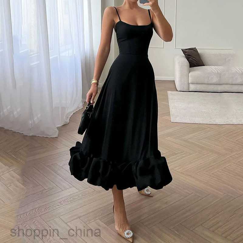Basic Casual Women Dresses Fashion Women's Long Dress Summer Strap Large Hem Solid Color Dress