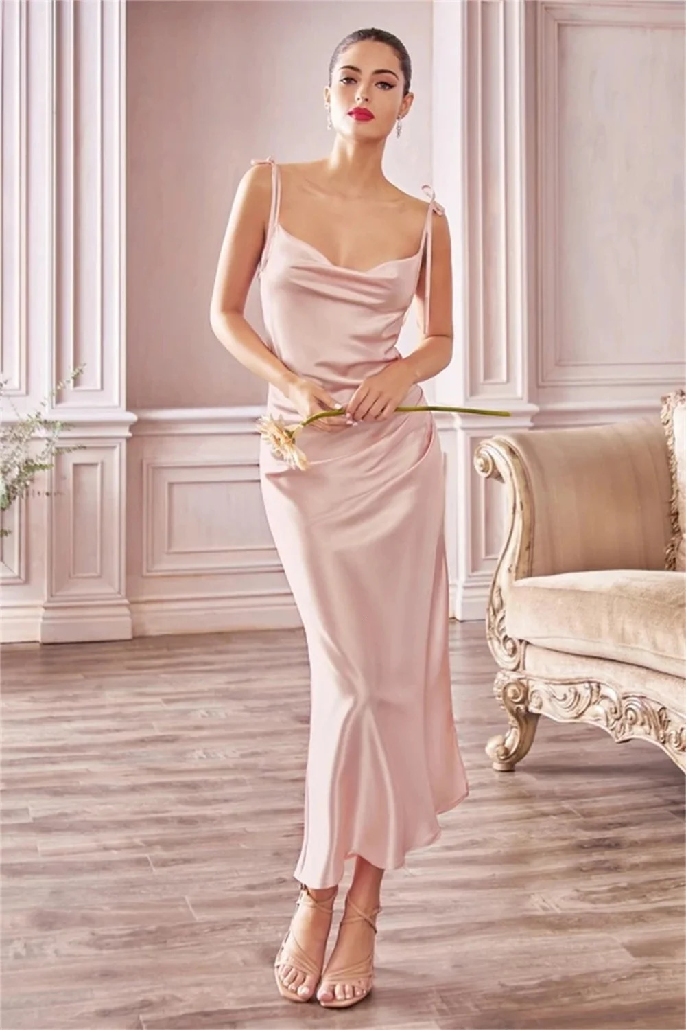 MisShow Sage Green Cowl Neck Tie Straps Satin Summer Beach Midi Women Dress Sexy Slit Short Evening Party Dresses for Bridesmaid 240627