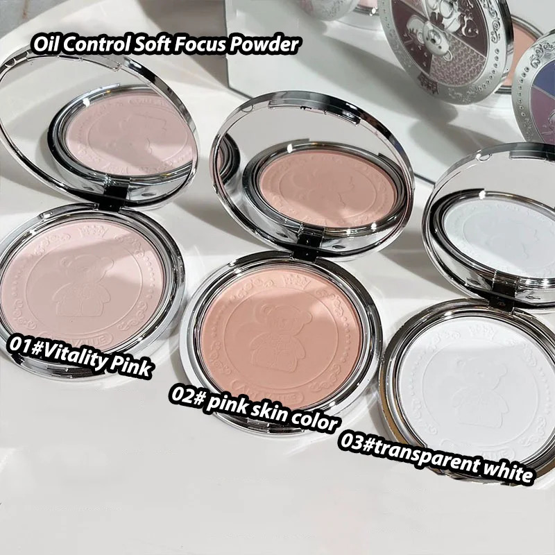Oil Control Setting White Powder Oily Skin Makeup Lasting Sweatproof SmallBear Press Powder Palette Face Soft Focus Loose Powder 240627