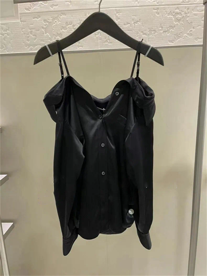 Womens T Shirts Fashion Classic Cloth Sexy Suspender Shirt 2024 Single Breasted Long Sleeved Top