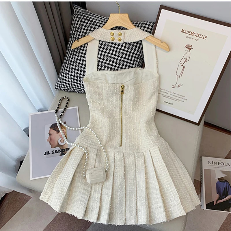 Korean Sweet Tweed Small Fragrance Tweed Dresses For Women Fashion Summer Dress sweet Sexy Party Dress 240625