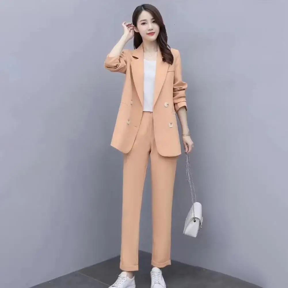 2 PcsSet Women Business Suit Turndown Collar Long Sleeve Coat Solid Color Straight Pants Formal OL Commute Jacket Trousers Set 240617wtt