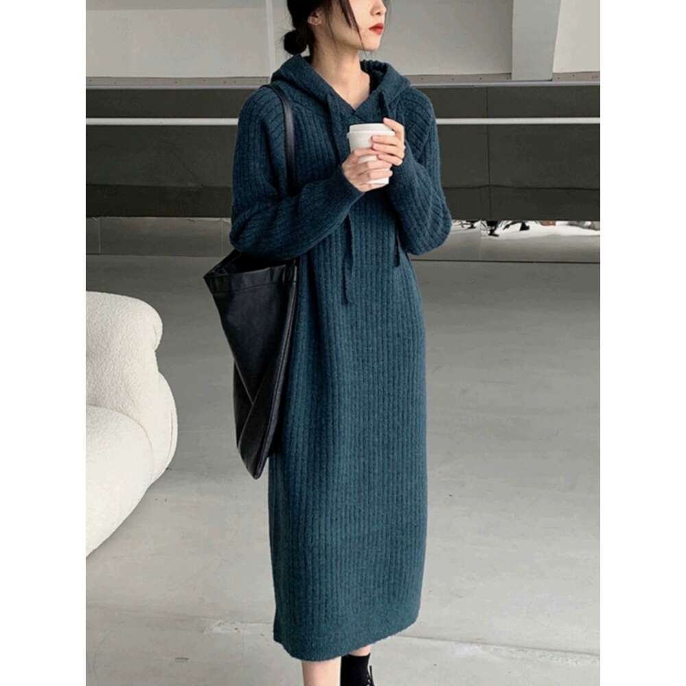 Hooded cashmere women's mid-length loose temperament knit sweater dress straight wool hoodie base shirtF6.28#65