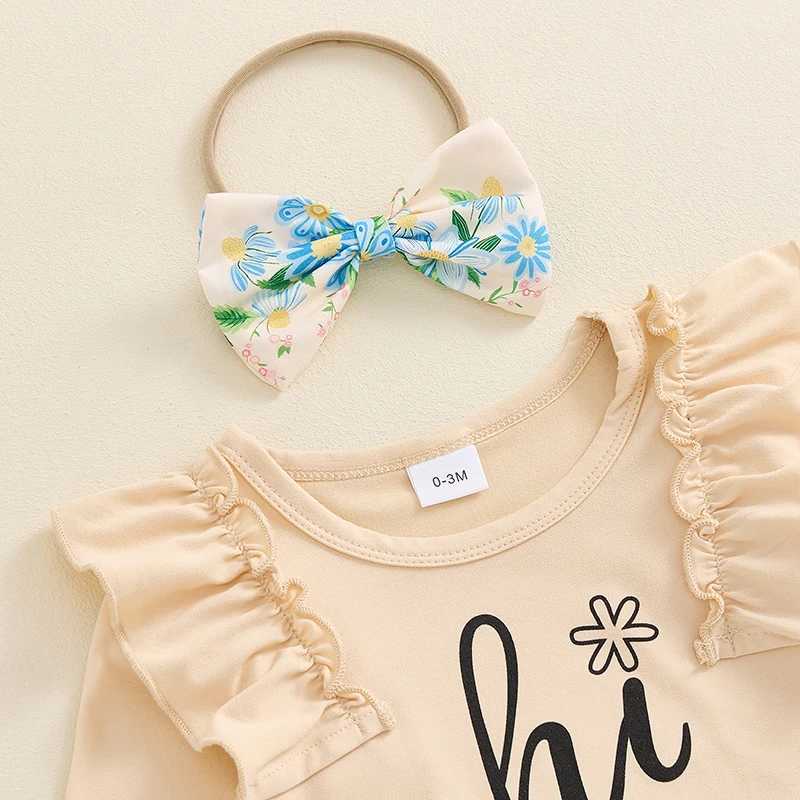 Pajamas 2024-05-30 Lioraitiin Baby Girl Ski Set Long sleeved Alphabet Printed Union Flower Suspension Ski Bow Headband Autumn Set WX5.31
