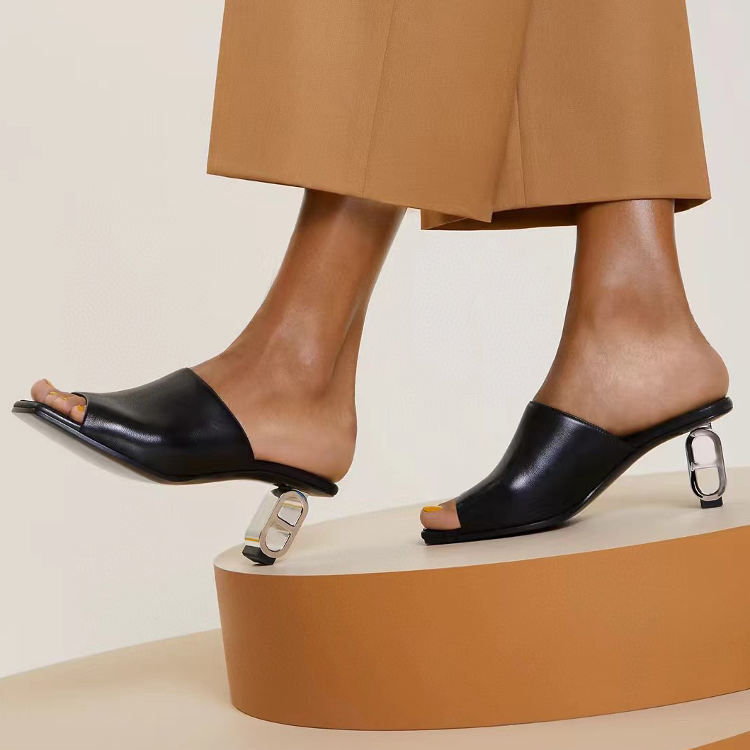 Fashionable leather designer sandals women with high heels casual hollow metal heels new summer fashion party slippers