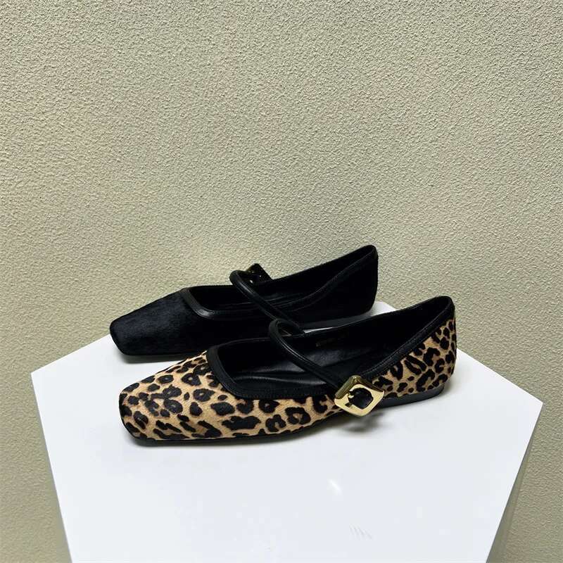 2023 New Fashion Leopard Print Comfortable Soft Square Head Flat For Mary Jane Ballet Flats Women Shoes Kq3