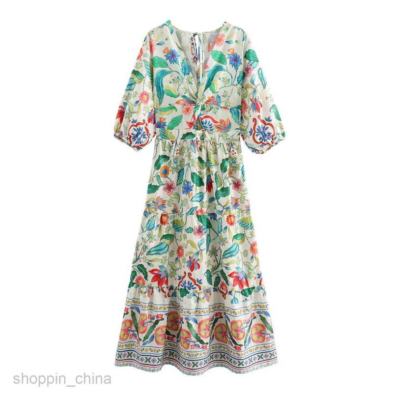 Basic Casual Women Dresses Summer Women's V-neck Chest Tie Lace Print High Waist Dress Women's B69022