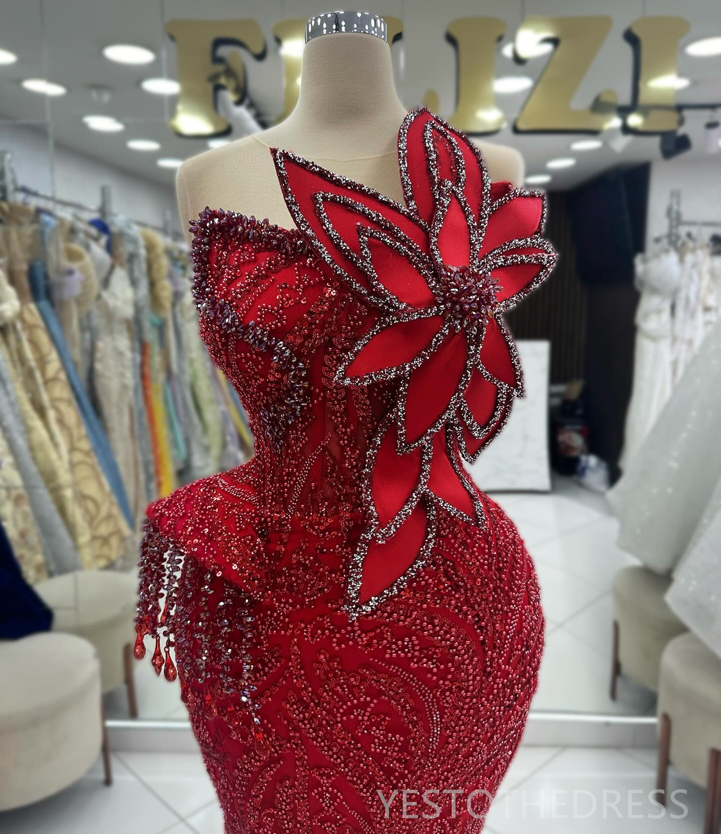 2024 Red Mermaid Prom Dress Illusion Promdress Evening Formal Gowns for Special Occasion Beaded Rhinestones Lace Birthday Dress Second Reception Gown 