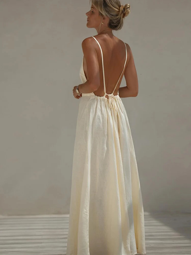 Women Sexy Solid Backless Lace Up Sling Long Dress Elegant Round Neck Sleeveless Loose Robes Casual Lady Vacation Beach Wear 240627