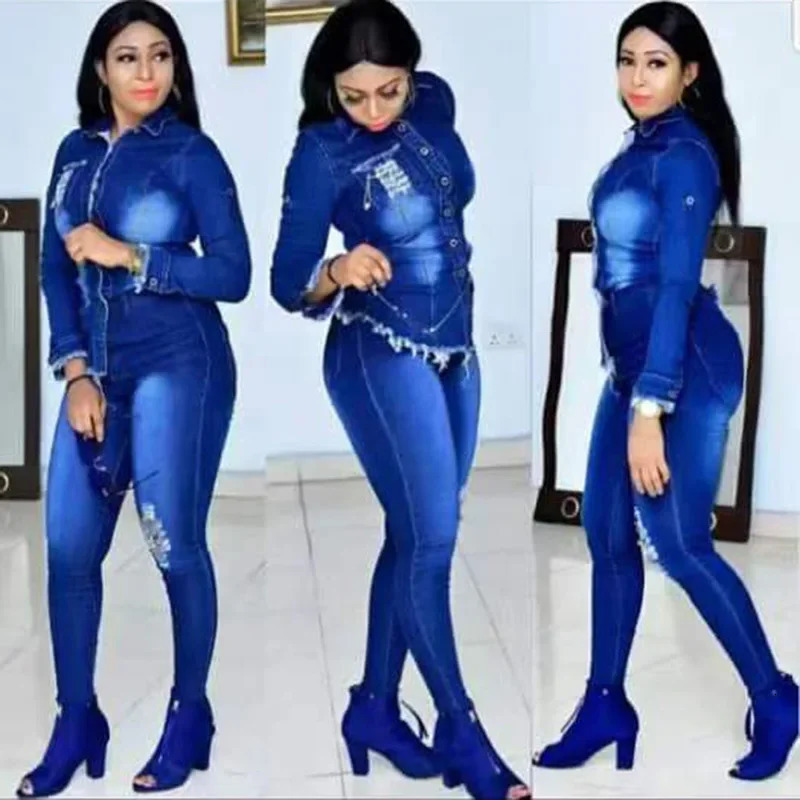Casual Denim 2 Piece Set Jeans Suit Women Blue Long Sleeve Jeans Jacket Long Pants Slim Tracksuit Outfits Spring Autumn 240618