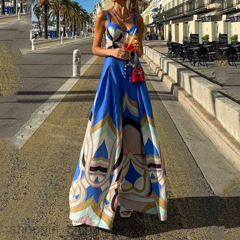 Basic Casual Women Dresses Fashionable women's clothing new sexy camisole loose printed button up jumpsuit