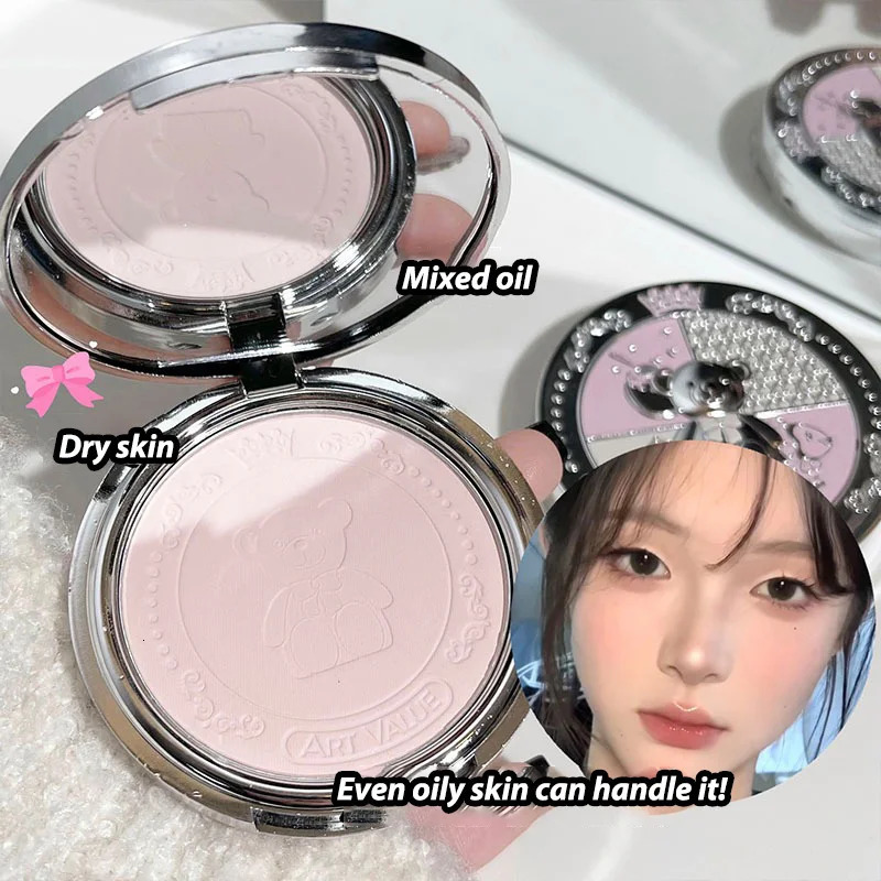 Oil Control Setting White Powder Oily Skin Makeup Lasting Sweatproof SmallBear Press Powder Palette Face Soft Focus Loose Powder 240627