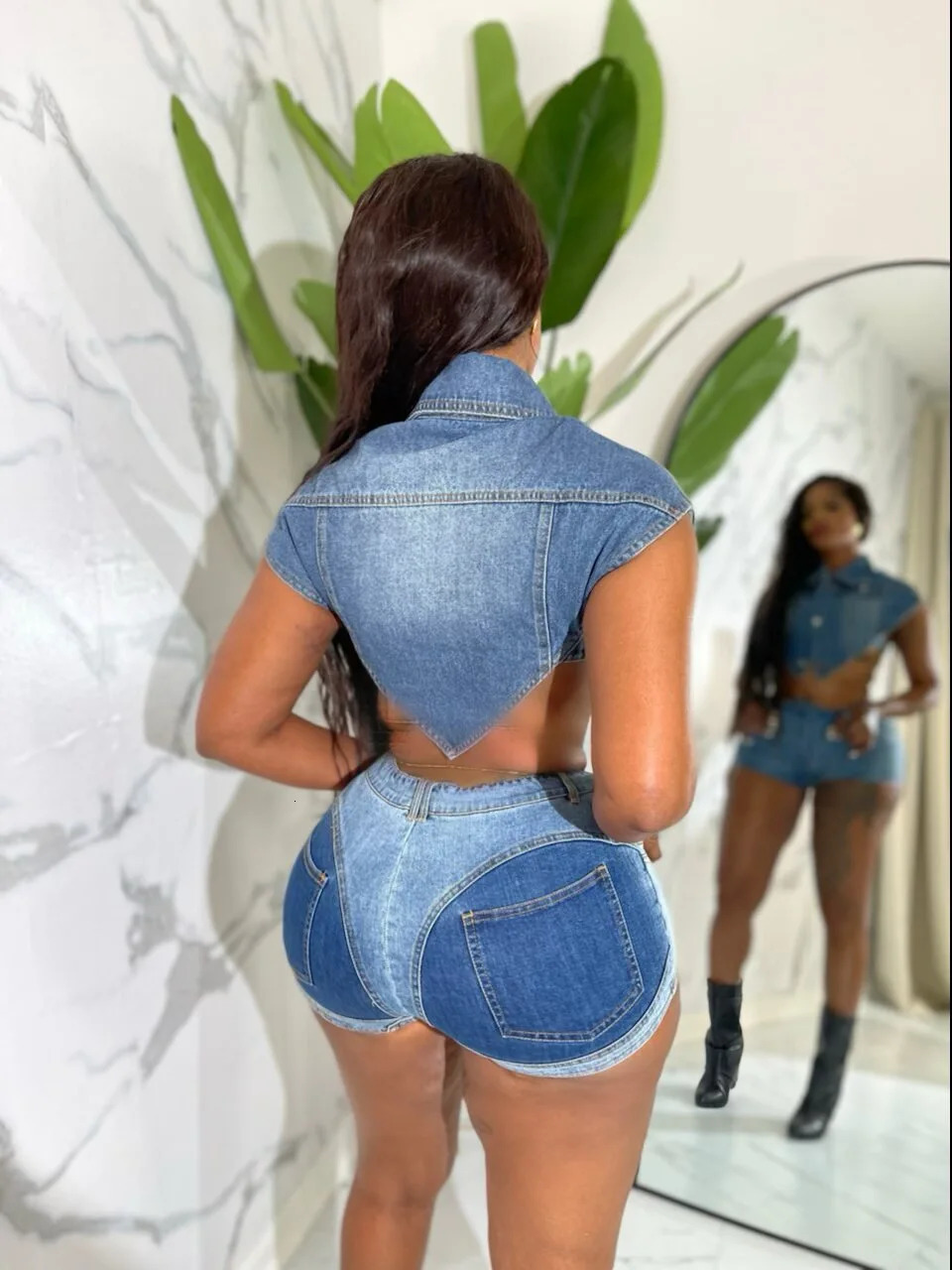 High Street Jeans Short Pants Outfit Set Sexy Women Elegant Two Pieces Denim Club Matching TopShorts 240627